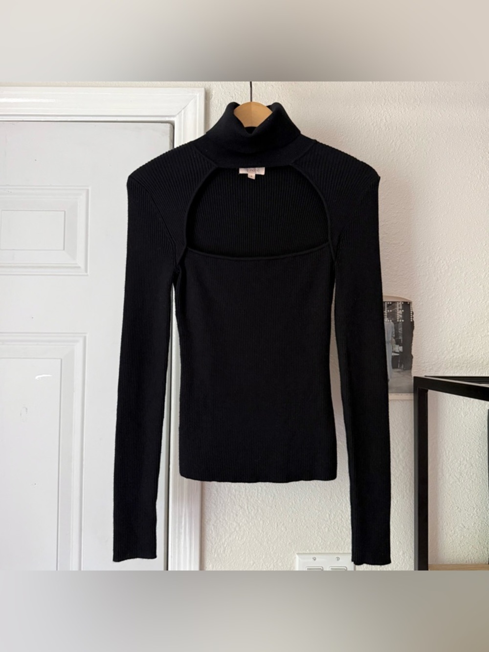 Camila Coelho black rib ribbed chunky turtleneck cutout long sleeve top